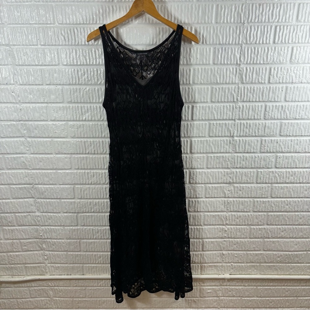 Eileen Fisher V-Neck Crinkle Lace Dress w/ Slip Large - Picture 3 of 6
